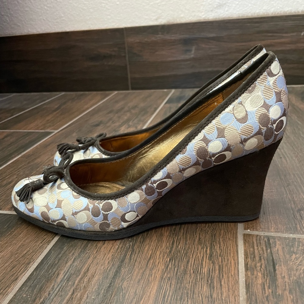 Coach Signature Jacquard Wedge Pumps in Blue, Brown, Cream - Picture 3 of 7